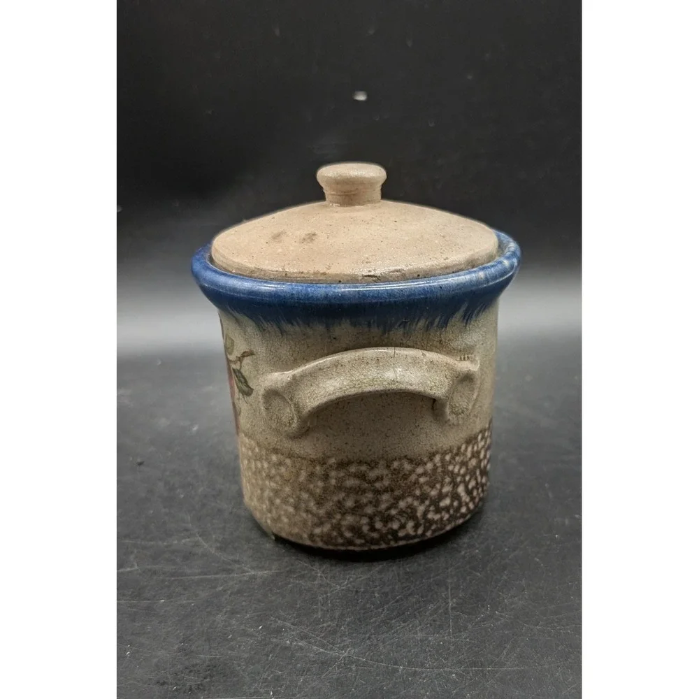 Vintage Rustic Monroe Salt Works Pottery Lidded Crock Apple Motif Blue Rim 5